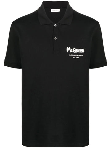 Alexander McQueen Graffiti Embroidered Logo Polo Shirt in Black