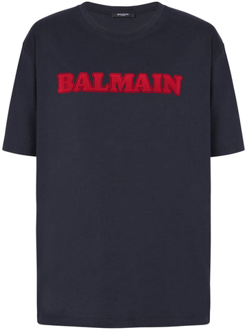 Balmain Retro Flocked Logo T-Shirt in Navy