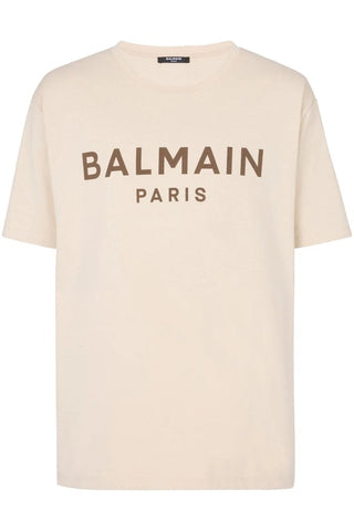 Balmain Brown Logo Print T-Shirt in Ivory Brown