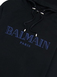 Balmain Paris Flocked Blue Printed Hoodie in Black