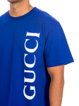 Gucci Vertical Logo Printed T-Shirt in Blue